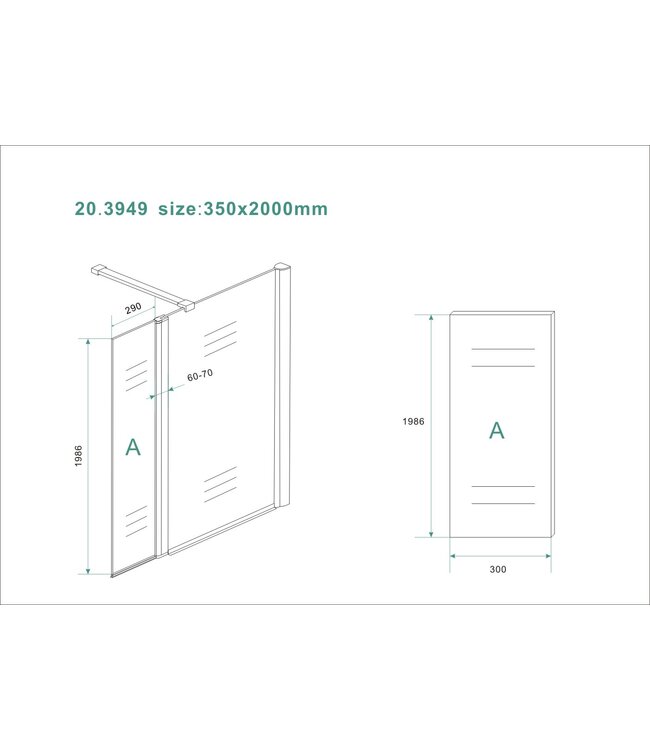 Zijpaneel Inloopdouche 35x200 cm Comfort Melkglas t.b.v. hoekopstelling draaibaar Links 10 mm anti-kalk veiligheidsglas