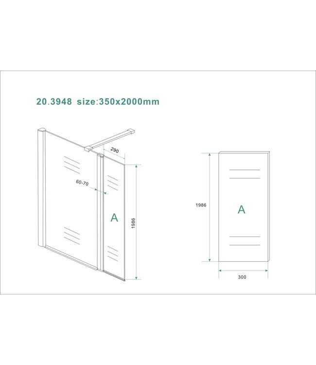 Zijpaneel Inloopdouche 35x200 cm Comfort Melkglas t.b.v. hoekopstelling draaibaar Links 10 mm anti-kalk veiligheidsglas