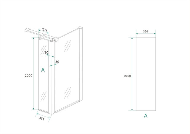 Zijpaneel Inloopdouche 35x200 cm met hoekprofiel Comfort Melkglas t.b.v. hoekopstelling 10 mm anti-kalk veiligheidsglas