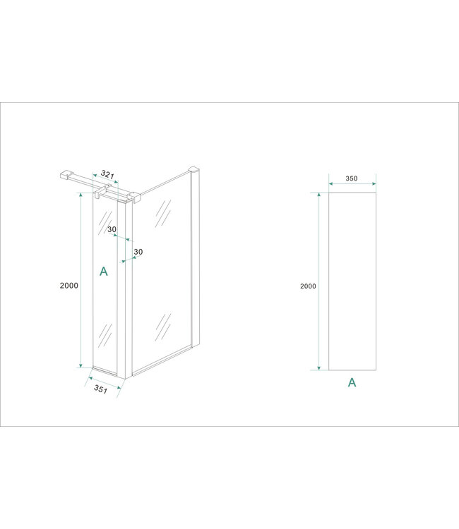 Zijpaneel Inloopdouche 35x200 cm met hoekprofiel Comfort Melkglas t.b.v. hoekopstelling 10 mm anti-kalk veiligheidsglas