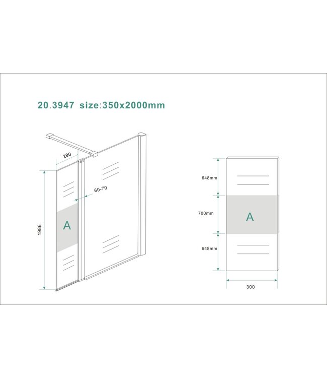 Wiesbaden Zijpaneel Inloopdouche 35x200 cm Comfort Half Melkglas t.b.v. hoekopstelling draaibaar Rechts 10 mm anti-kalk veiligheidsglas