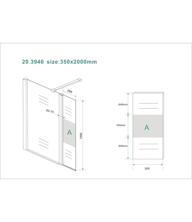 Wiesbaden Zijpaneel Inloopdouche 35x200 cm Comfort Half Melkglas t.b.v. hoekopstelling draaibaar Links 10 mm anti-kalk veiligheidsglas