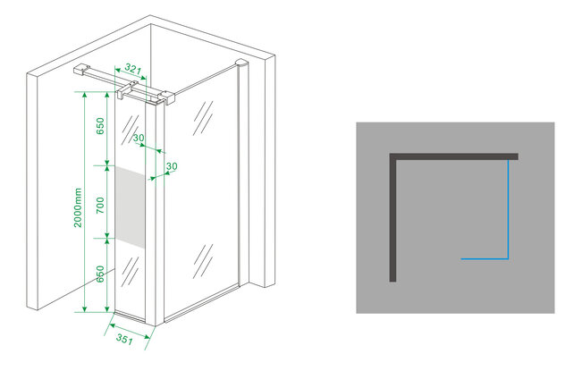 Zijpaneel Inloopdouche 30x200 cm Comfort Half Melkglas t.b.v. hoekopstelling 10 mm anti-kalk veiligheidsglas