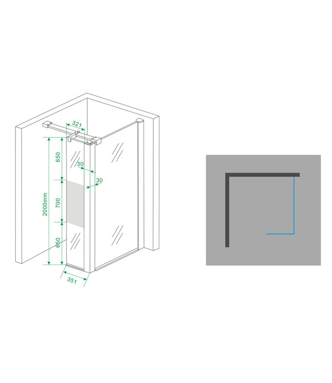 Zijpaneel Inloopdouche 30x200 cm Comfort Half Melkglas t.b.v. hoekopstelling 10 mm anti-kalk veiligheidsglas