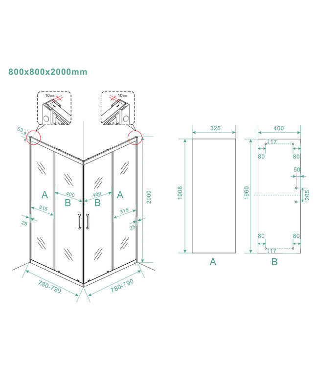 Wiesbaden Skyline Douchecabine 80x80x200cm Vierkant hoekinstap 8 mm Helder glas met nano-coating