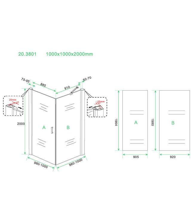 Wiesbaden Wiesbaden Salone Douchecabine 100x100x200cm Zwart Vierkant Draaideur 8 mm helder glas met nano-coating