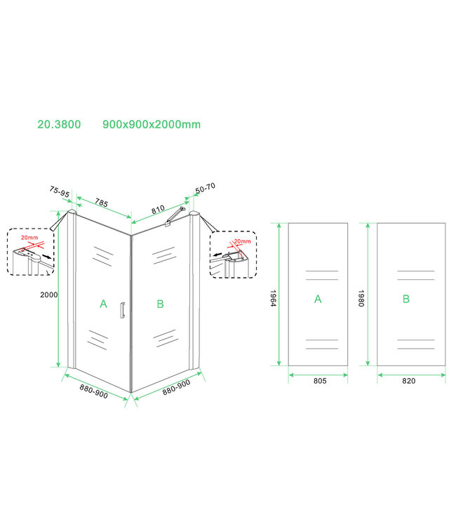 Wiesbaden Salone Douchecabine 90x90x200cm Zwart Vierkant Draaideur 8 mm helder glas met nano-coating