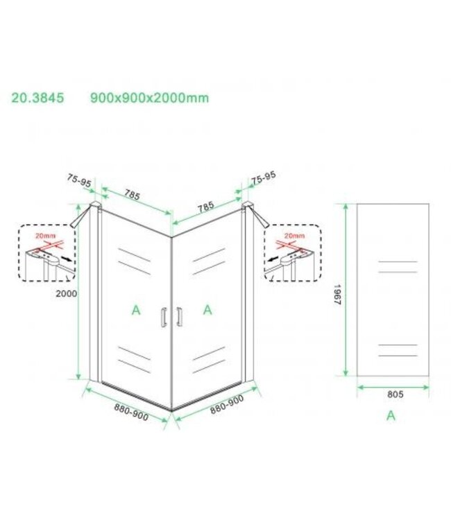 Wiesbaden Salone Douchecabine 90x90x200cm Chroom Vierkant Dubbele Draaideur 8 mm helder glas met nano-coating