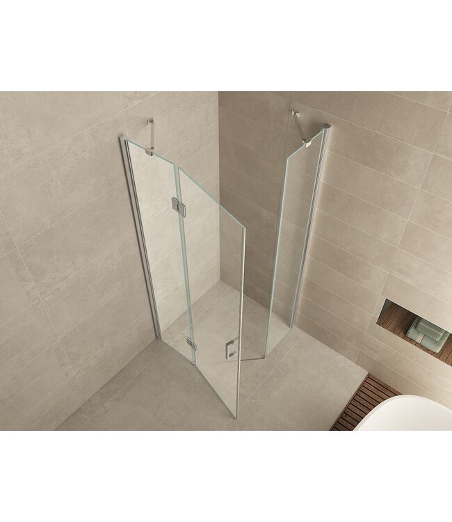 Wiesbaden Douchecabine Pentagoon Vijfhoek Draaideur 100x100x200cm SaniPro Antikalk Nano Coating Helder Glas Chroom Profiel 8mm Veiligheidsglas Easy Clean