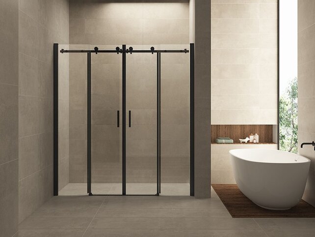 Wiesbaden Slide Douchedeur 180cm Zwart Schuifdeur 8mm helder glas met Nano-coating