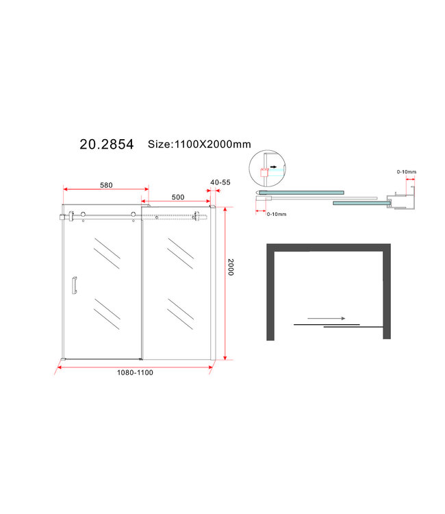 Wiesbaden Slide Douchedeur 110cm Zwart Schuifdeur 8mm helder glas met Nano-coating
