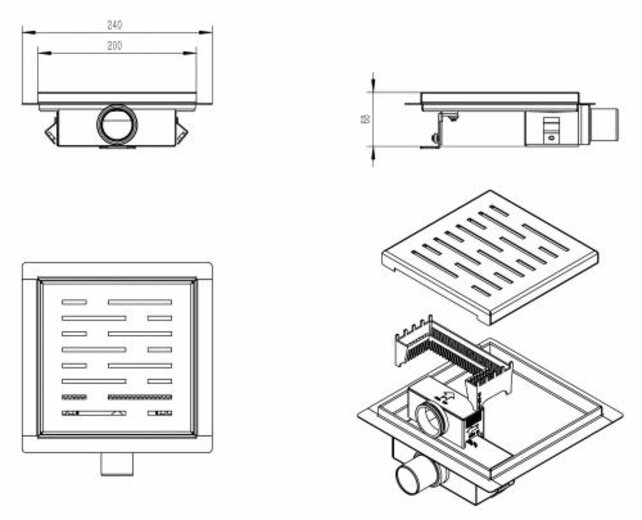 Doucheputje Mat Zwart 20x20cm Vloersifon met flens