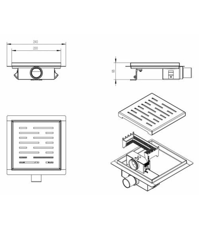 Wiesbaden Doucheputje Mat Zwart 20x20cm Vloersifon met flens