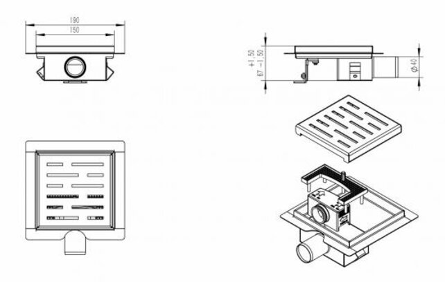 Doucheputje Mat Zwart 15x15cm Vloersifon met flens