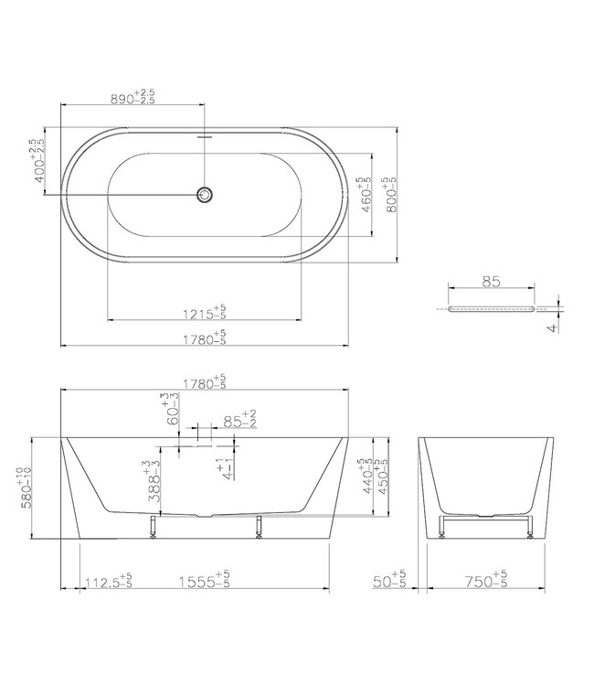 Wiesbaden Vrijstaand Bad Libero Ovaal Mat Wit 178x80x58 cm Acryl met Witte Waste