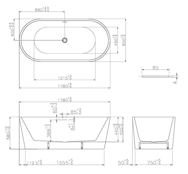 Vrijstaand Bad Libero Ovaal Wit 178x80x58 cm Acryl met Witte Waste