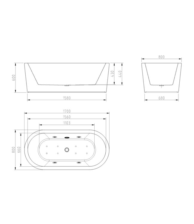 Wiesbaden Vrijstaand Whirlpool Bad Libero Ovaal Wit 170x80x60 cm met 12-jets