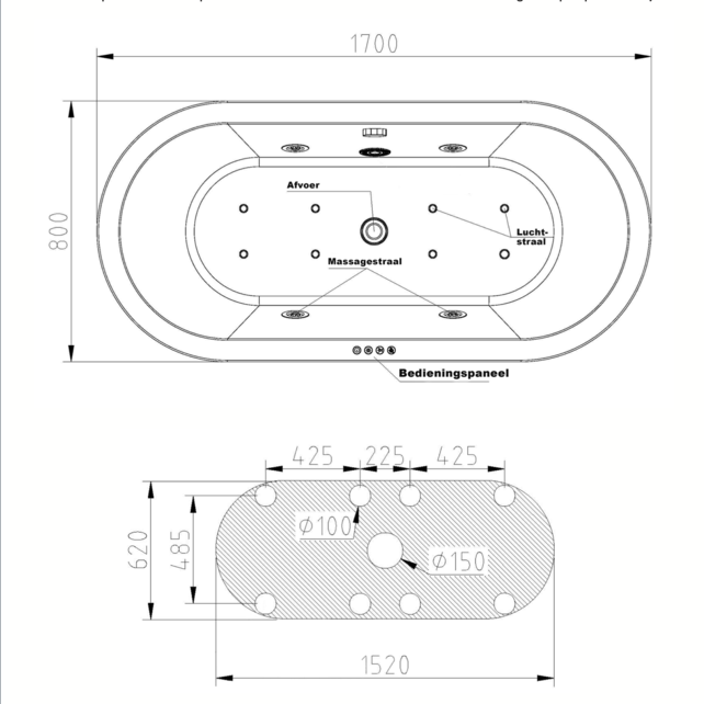 Vrijstaand Whirlpool Bad Libero Ovaal Wit 170x80x60 cm met 12-jets