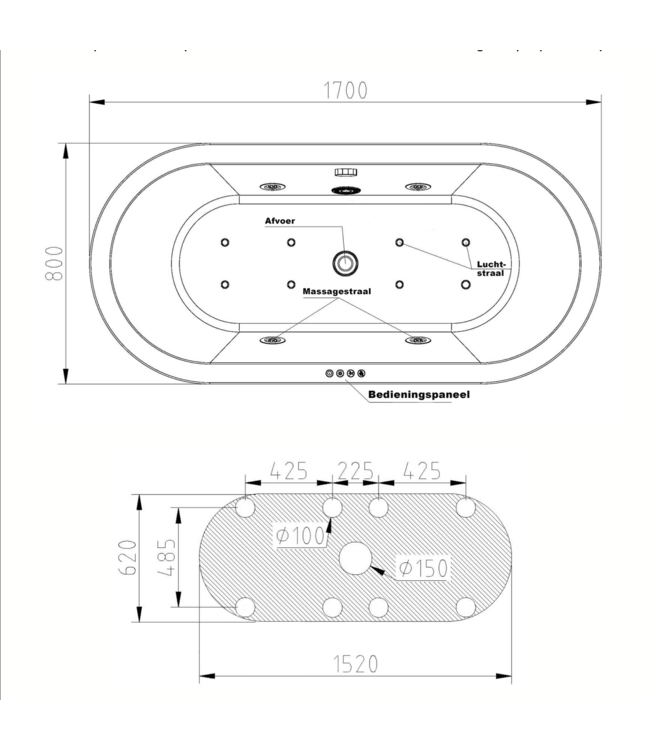 Vrijstaand Whirlpool Bad Libero Ovaal Wit 170x80x60 cm met 12-jets