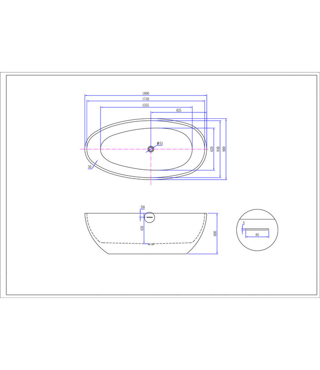 Wiesbaden Vrijstaand Bad Ellips Ovaal Wit 180x90x60 cm Acryl met Witte Waste
