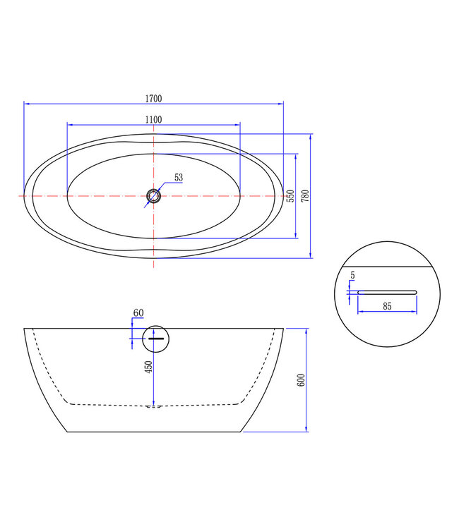 Vrijstaand bad Ovaal Nicosa 170x78x60 cm Mat Wit Acryl met clickwaste