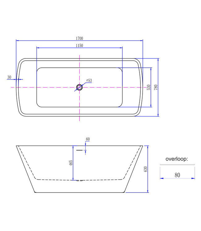 Vrijstaand bad Rechthoekig Larx 170x78x60 cm Wit Acryl met clickwaste