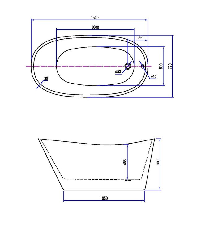 Wiesbaden Vrijstaand bad Ovaal Trapeze 170x77x66 cm Glans Wit Acryl met clickwaste