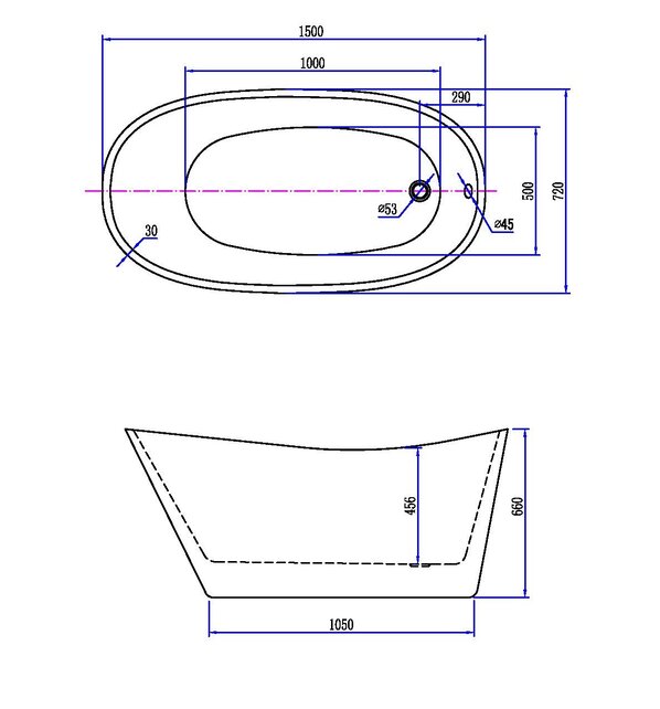 Vrijstaand bad Ovaal Trapeze 150x72x66 cm Glans Wit Acryl met clickwaste