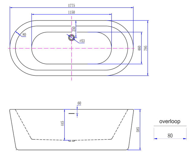Vrijstaand Bad Bianco Ovaal Wit 178x80x58 cm Acryl met Witte Waste