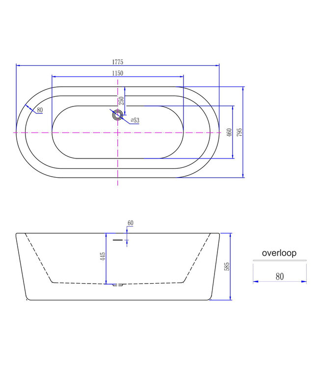 Vrijstaand Bad Bianco Ovaal Wit 178x80x58 cm Acryl met Witte Waste