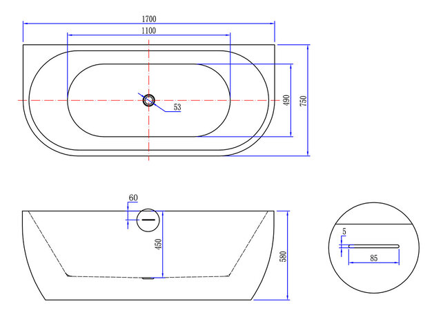 Half Vrijstaand Bad Wall 170x75x58cm Wit met Waste glans Wit