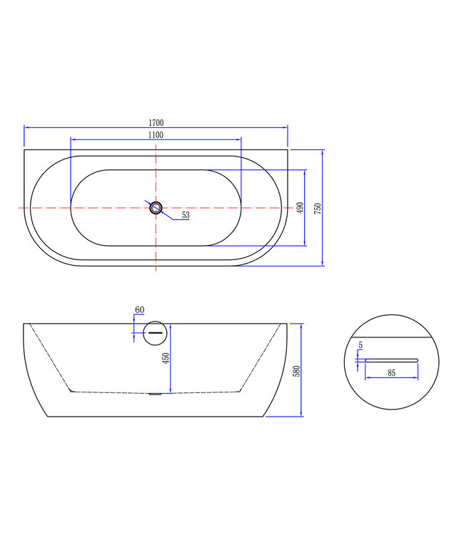 Half Vrijstaand Bad Wall 170x75x58cm Wit met Waste glans Wit