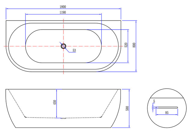 Half Vrijstaand Bad Wall 180x80x58cm Wit met Waste glans Wit