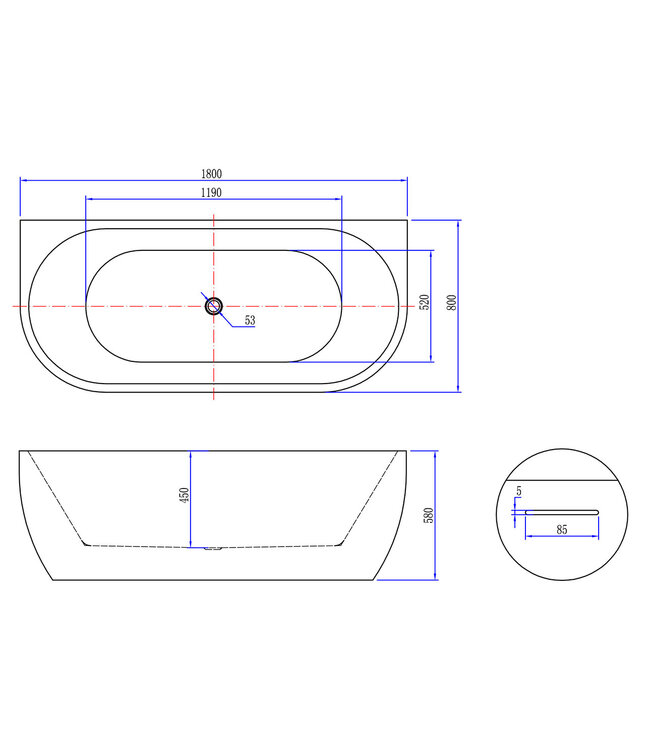 Half Vrijstaand Bad Wall 180x80x58cm Wit met Waste glans Wit