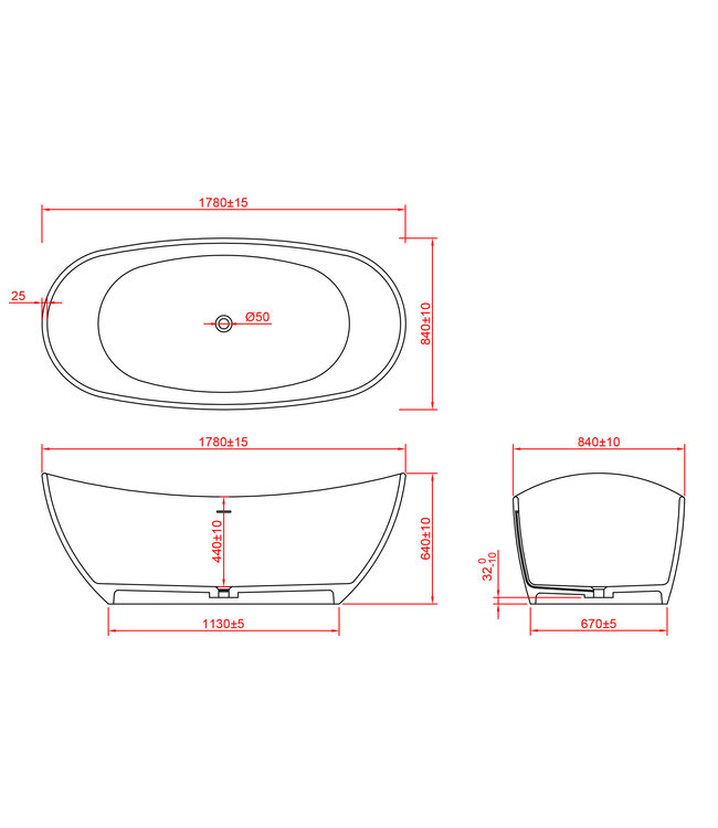 Wiesbaden Wiesbaden Vrijstaand Bad Eva 179x84x64 cm Ovaal Solid Surface Mat Wit incl. clickwaste en badsifon met flexibele afvoerslang