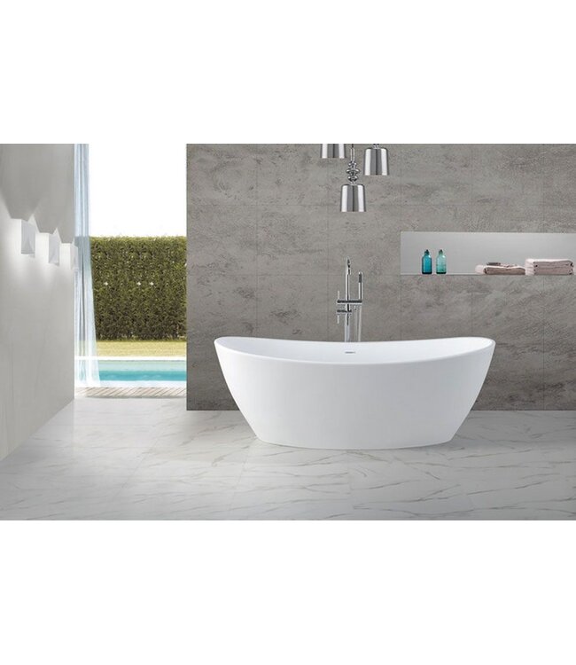 Wiesbaden Wiesbaden Vrijstaand Bad Eva 179x84x64 cm Ovaal Solid Surface Mat Wit incl. clickwaste en badsifon met flexibele afvoerslang