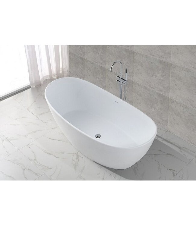 Wiesbaden Vrijstaand Bad Eva 179x84x64 cm Ovaal Solid Surface Mat Wit incl. clickwaste en badsifon met flexibele afvoerslang
