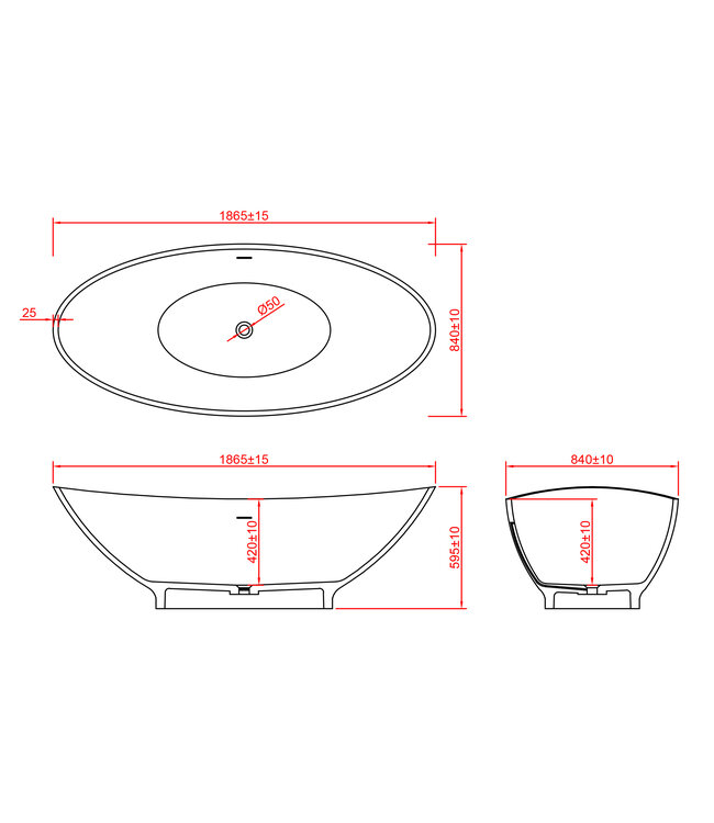 Wiesbaden Wiesbaden Vrijstaand Bad Jasmijn 186x84x60 cm Solid Surface Mat Wit incl. clickwaste en badsifon met flexibele afvoerslang