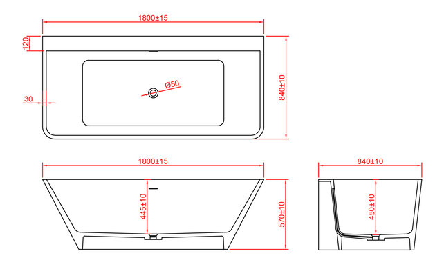 Wiesbaden Half Vrijstaand Bad Inge 180x84x57 cm Solid Surface Mat Wit incl. clickwaste en badsifon met flexibele afvoerslang