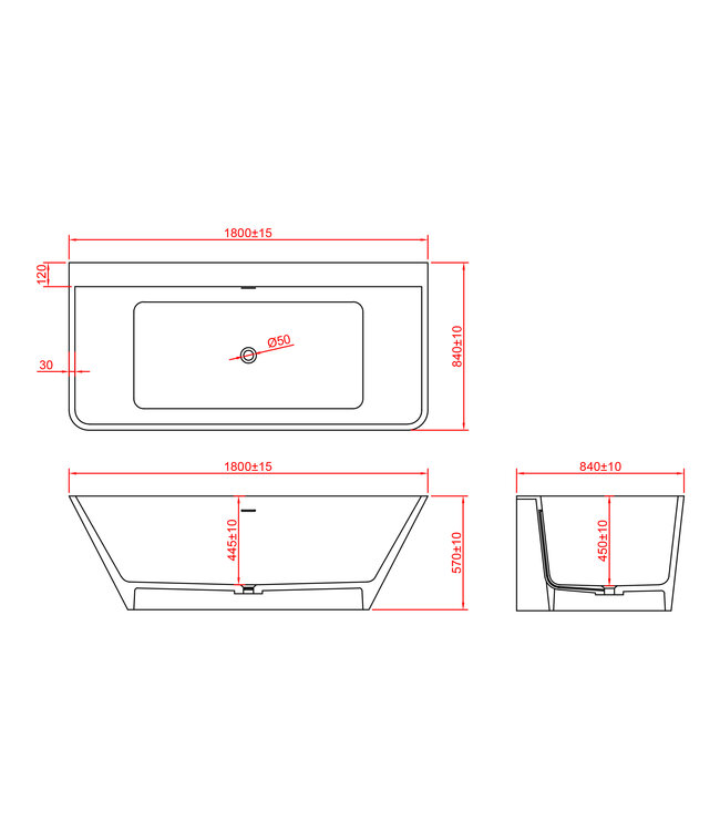 Wiesbaden Half Vrijstaand Bad Inge 180x84x57 cm Solid Surface Mat Wit incl. clickwaste en badsifon met flexibele afvoerslang