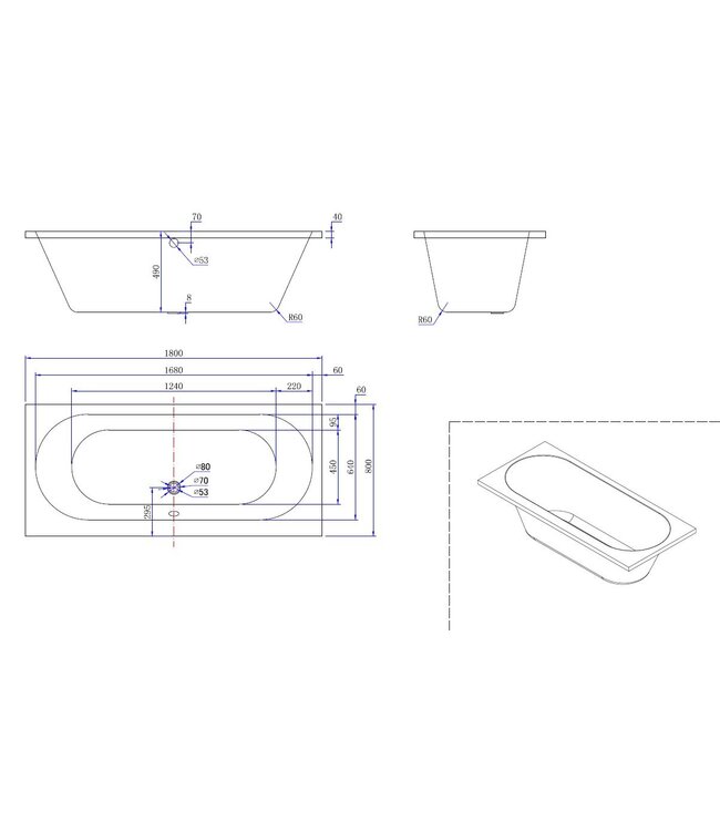 Wiesbaden Portus RD Inbouwbad Duo 180x80x49 cm glans wit