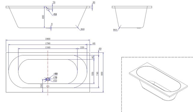 Wiesbaden Portus RD Inbouwbad Duo 190x90x49 cm glans wit