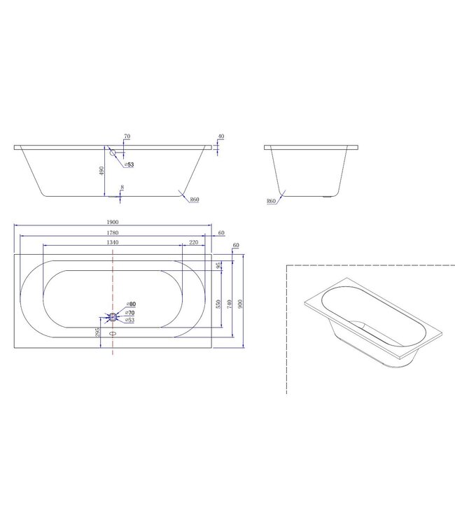 Wiesbaden Wiesbaden Portus RD Inbouwbad Duo 190x90x49 cm glans wit