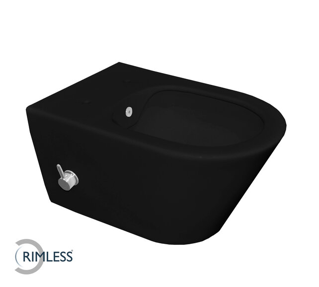 Stereo Hangtoilet met bidet kraan Warm/Koud Mat Zwart Randloos excl. wc-bril