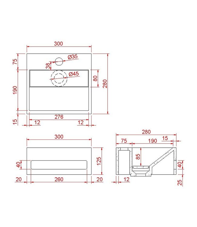 Wiesbaden Toilet fontein Jullia Mat Zwart Solid Surface 30x28x12,5 cm met kraangat
