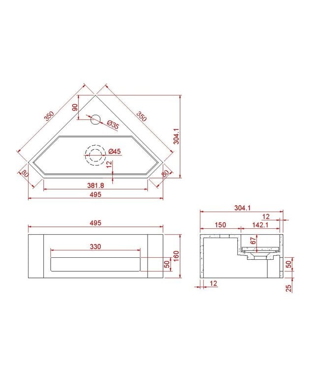 Hoekfontein Julia Mat Zwart Solid Surface 35x35x16cm