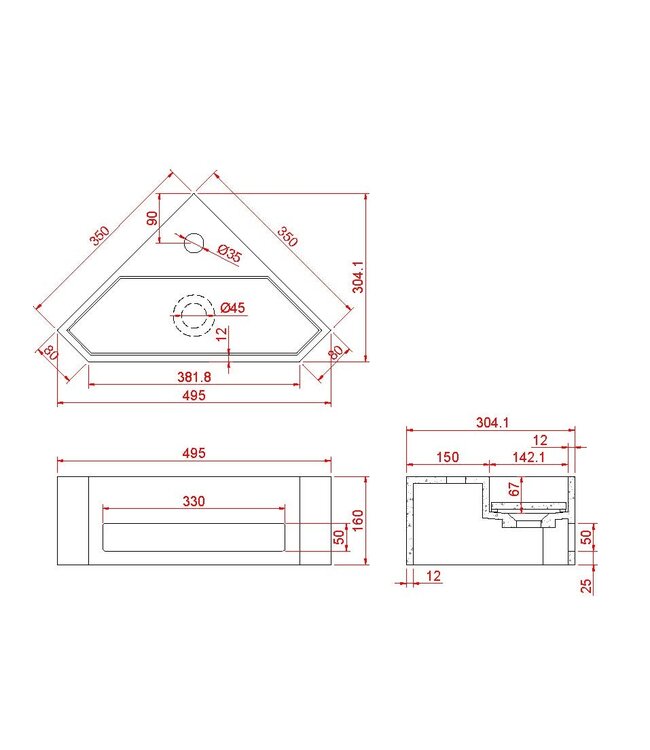 Wiesbaden Hoekfontein Jullia Mat Zwart Solid Surface 35x35x16cm