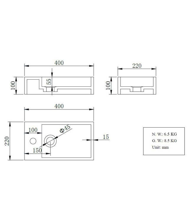 Toilet Fontein Maria Rechts Wit 40x22x10cm Solid Surface