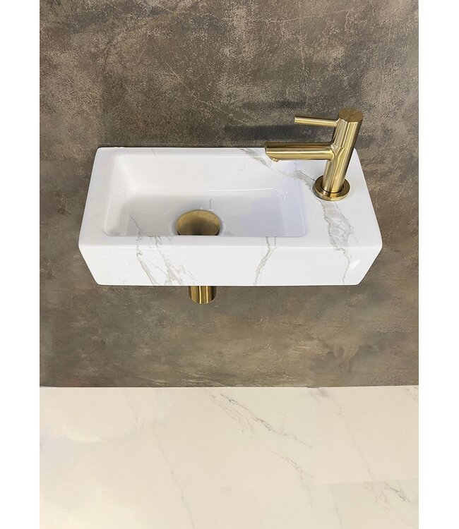 Fonteinset Toilet Links Carrara met Mat Goud - 36x18x9 cm - Mini-Rhea Marmerlook