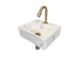 Wiesbaden Fonteinset Toilet Leto Carrara met Mat Goud - 33x29x11 cm - Marmerlook